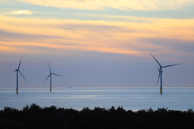 A view of wind turbines in the sea.