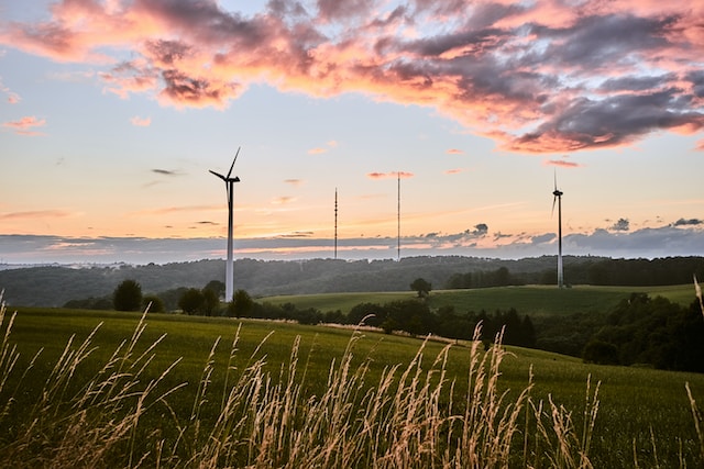 Wind turbines on grassy hills