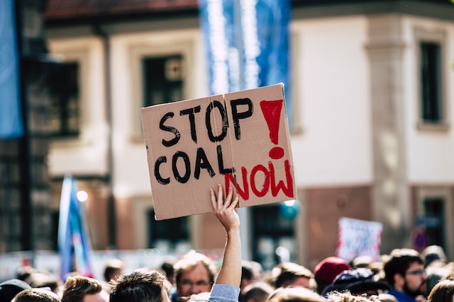 A person holding up a "Stop Coal Now!" sign at a protest