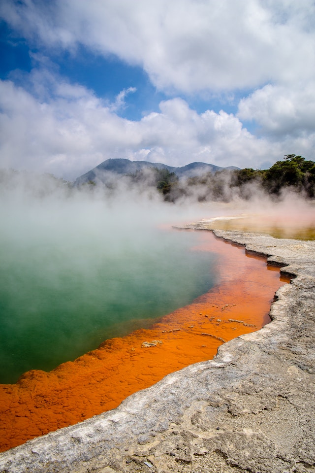 Steam coming out of a volcanically-active lake
