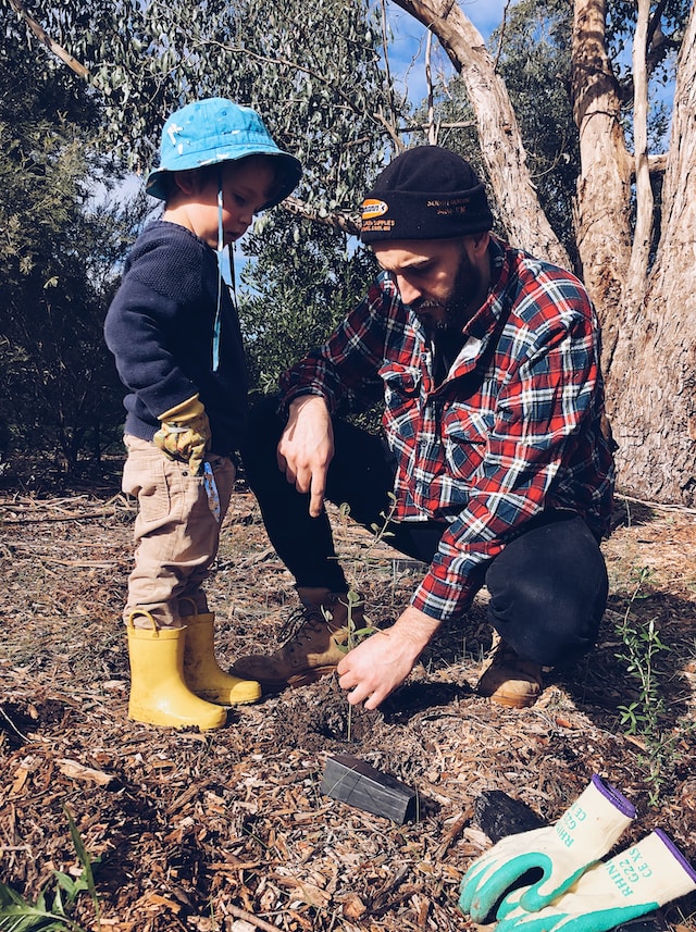 Father and son planting a tree together